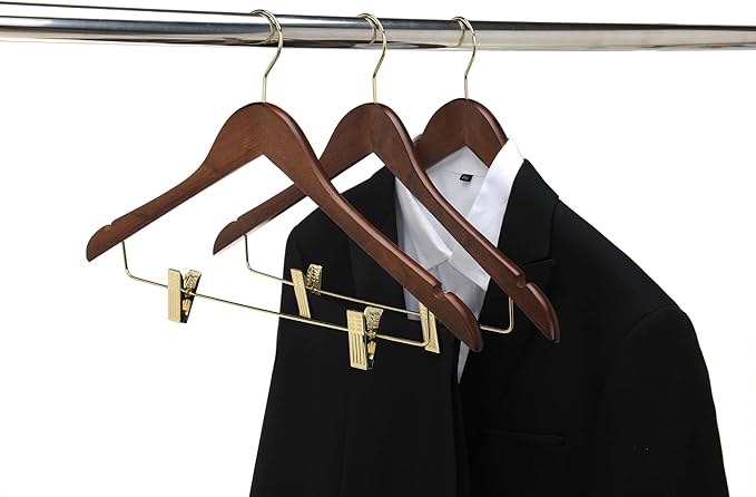 Quality Hangers Quality Wooden Skirt Hangers with Clips 80-Pack Walnut Pants Adjustable Gold Metal Clips, Swivel Hook, Coat, Jacket, Blouse Suit (Walnut - 80) 17.5'' inch