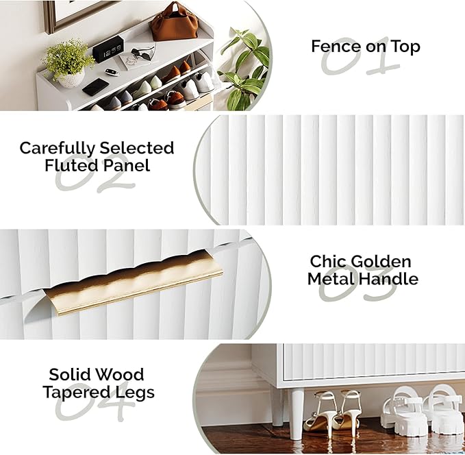 VINGLI White Fluted Shoe Storage Cabinet for Entryway with 3 Flip Drawers, Narrow Shoe Organizer with Fluted Panel, Modern Freestanding Wood Shoe Cabinet for Foyer, Hallway (White, 3 Flip Drawers)