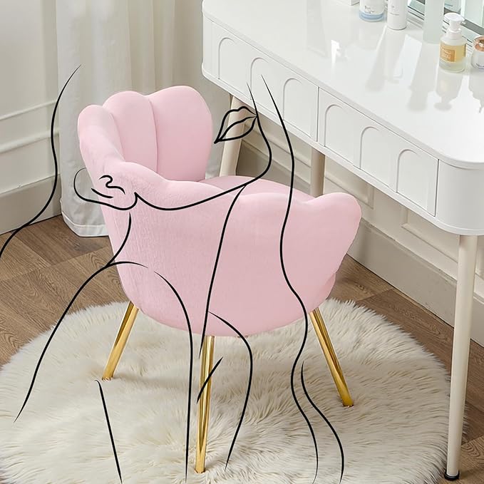 Fluffy Faux Fur Vanity Chair with Back, Mid-Century Modern Small Accent Chair for Living Room, Golden Metal Legs Upholstered Makeup Chair, 1Pcs Bedroom Armchair, Pink