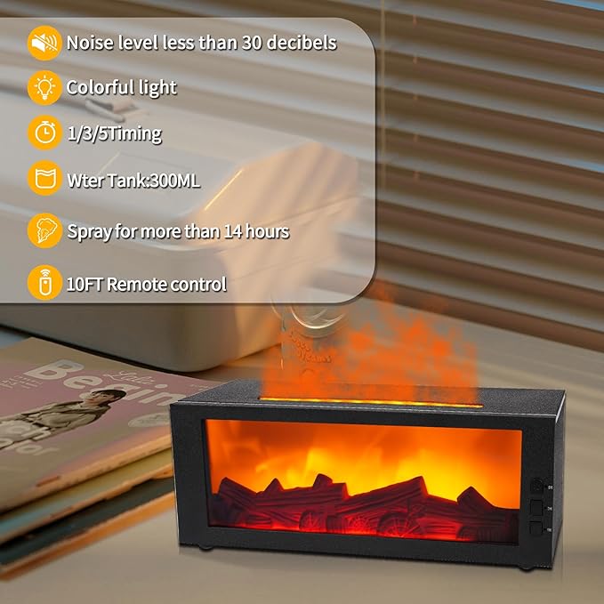 BOHOFAM Fireplace Essential Oil Aroma Diffuser,Flame Air Humidifiers 300ML,14-Hour Runtime,Colorful Flame Diffusers for Home,Included 4 * 10ML Hotel Collection Diffuser Oils for Bedroom(Black)