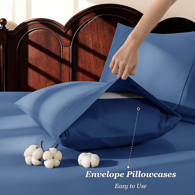 LBRO2M 1000 Thread Count 100% Cotton Sheets Set,Queen Size Bed Sheet 4 Piece Sets,Long Staple,16 Inches Deep Pocket,All Season,Bedding Super Soft Comforterble Breathable,Sateen(Navy Blue)