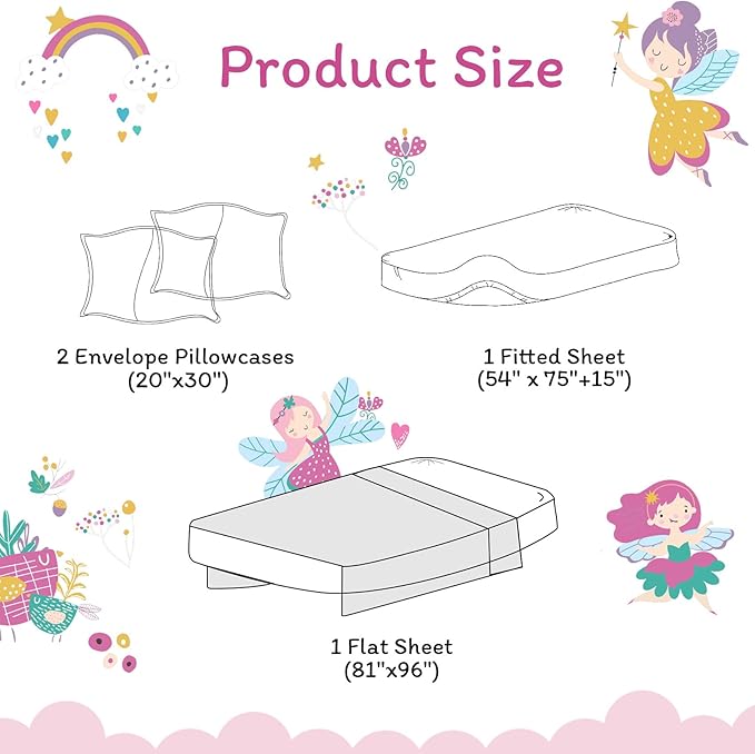 JSD Purple Fairy Kids Sheet Set Full Size, 4 Piece Girls Floral Printed Microfiber Sheets Deep Pocket