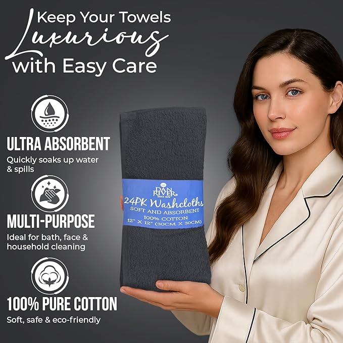 DAN RIVER 100% Cotton Wash Cloths 24 Pack [12x12] Soft & Absorbent wash Rags for Bathroom, Gym, Hotels & Spa Perfect for Everyday Use Fingertip Towels, Dark Gray