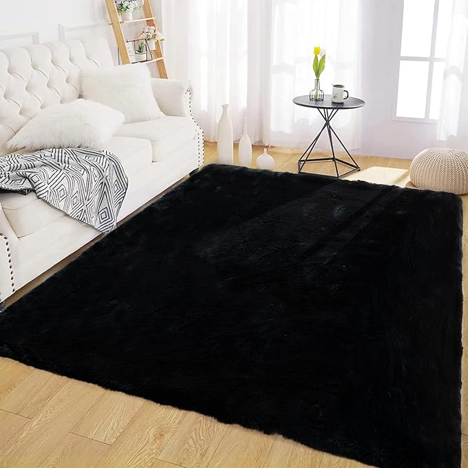 Latepis Black 4x6 Area Rugs Fuzzy Faux Fur Rug Washable Fluffy Shag Rabbit Fur Rugs for Living Room Soft Plush Shaggy Rug for Bedroom Nursery Home Decor