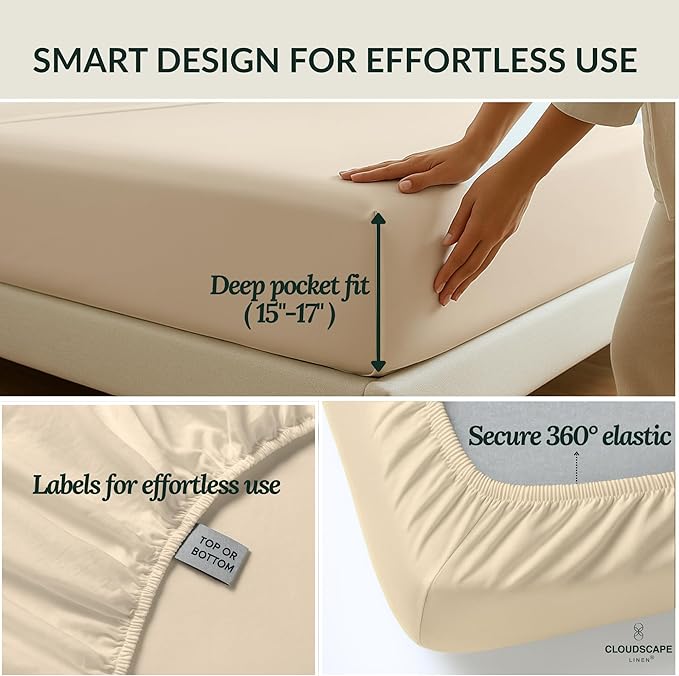 Cloud Scape Linen 100% Egyptian Cotton Sheets Twin Size, 3 Pieces Luxury Bedding Set, 400 Thread Count,Hotel Quality, Silky Soft, Breathable and Durable, Deep Pockets up to 15, Ivory