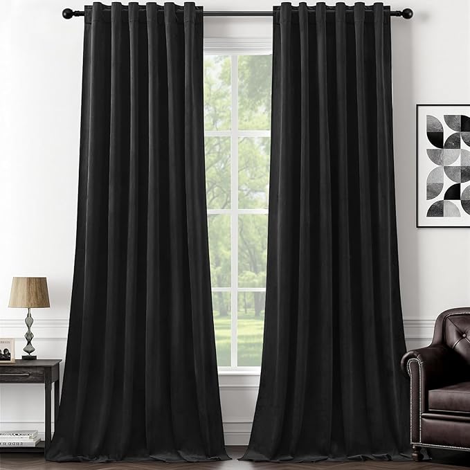 AUSSPVOCT 90 Inch Long Velvet Curtains for Living Room, Light Reducing Thermal Curtain Back Tab & Rod Pocket Elegant Soundproof Soft Room Darkening Window Drapes for Bedroom, W52 x L90, Black, 2 Pcs