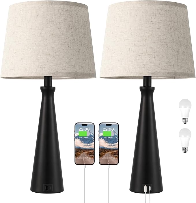 Seealle Modern Table Lamps Set of 2 - Touch Bedside Lamp for Nightstand with Dual USB C+A,3-Way Dimmable Black Nightstand Lamps for Living Room Bedroom End Table with Beige Shade(Bulb Included)