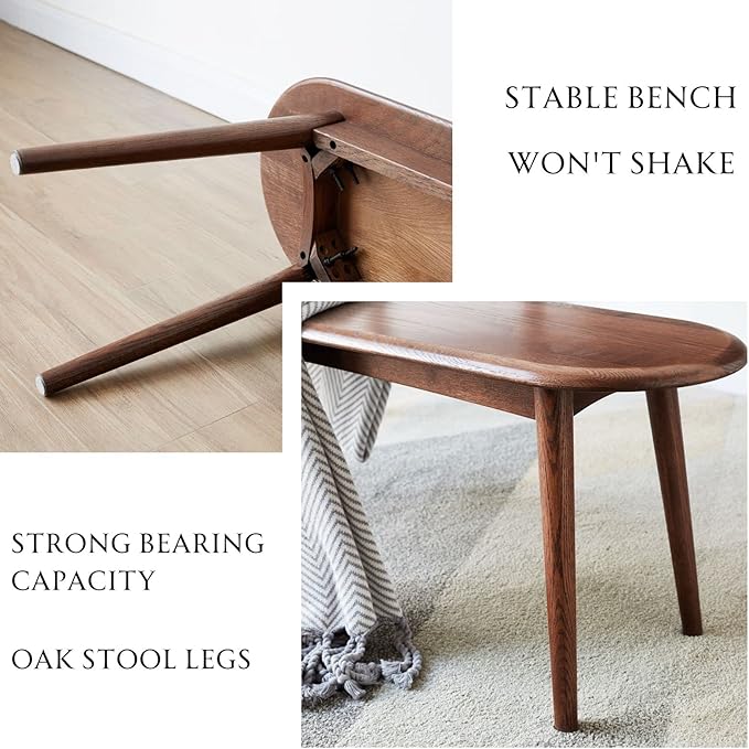 100% Solid Oak Dining Bench, Wood Bench for End of Bed with Rounded Corners, Entryway Benches for Farmhouse, Kitchen, Living Room(Walnut,12" L x 47.2" W x 16.2" H)