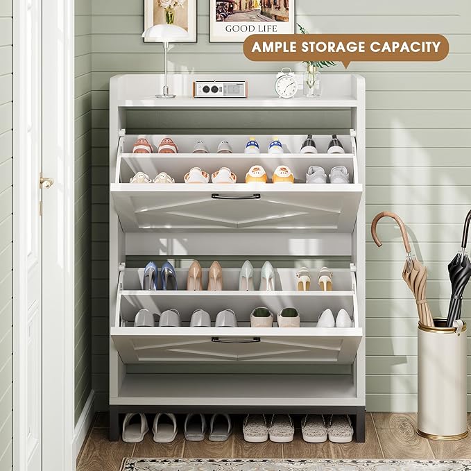 Shoe Cabinet, Shoe Storage Cabinet with 2 Flip Drawers & Adjustable Shelf, Space-Saving Shoe Organizer – Holds 12+ Pairs, Narrow Shoe Cabinet Storage for Entryway/Hallway（White）