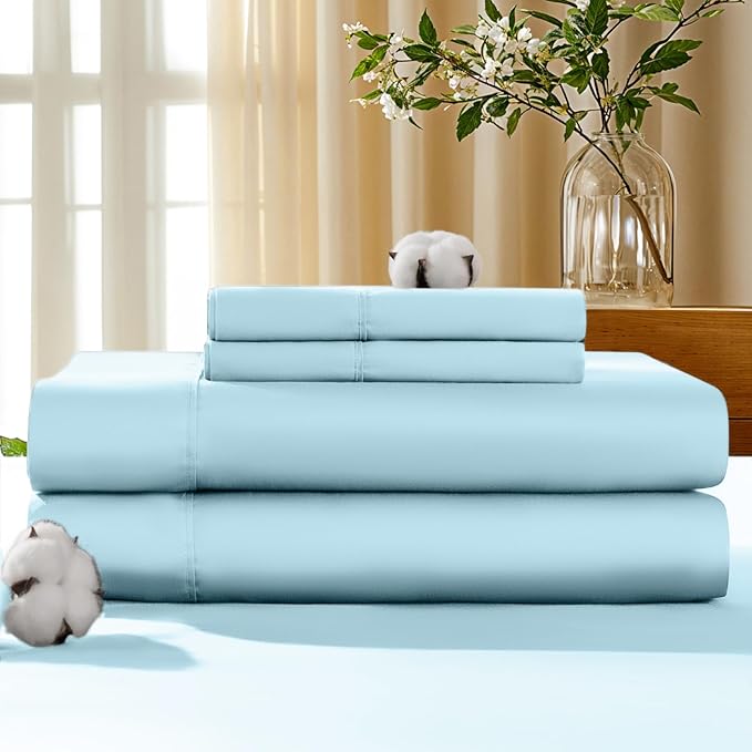 LBRO2M 100% Cotton Sheets Set Deep Pocket 19", 1000 Thread Count King Size 4 Piece Bed Sheet Sets Soft Comfortable Bedding All Season (King, Light Blue)