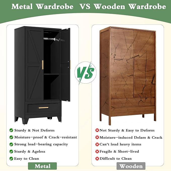 Metal Armoire Wardrobe Closet,71" Tall Black Storage Cabinet with Hanging Rod,2 Drawers & Adjustable Shelves,Heavy-Duty Steel Wardrobe for Bedroom, Garage, and Office