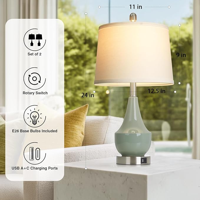 Modern Green Table Lamp Set of 2, 24" Ceramic Table Lamp with USB A+C Ports,Classic Beside Lamps Nightstand Lamp Modern Lamp for Living Room, Bedroom & Office -LED Bulbs Included