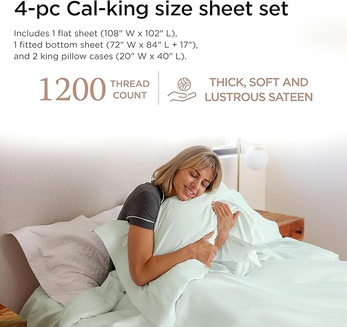 Threadmill California King Sheets, Certified American Supima Cotton Sheets, 1200 Thread Count Hotel Quality, 4 Piece Luxury Bed Sheets Set with Elasticized Extra Deep Pocket, Seaglass