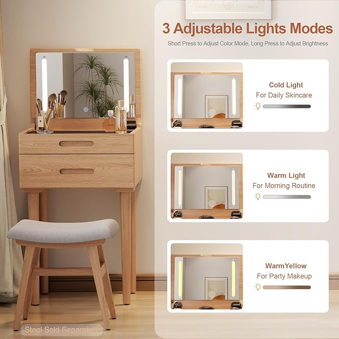 Solid Wood Small Vanity Desk with Mirror and Lights, Narrow Makeup Vanity for Small Space, Flip Top Vanity Side Table, 3 Color Modes & Adjustable Brightness, 19.6" Slim Dressing Table, Natural
