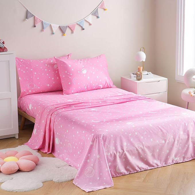 JSD Gradient Pink Moon Stars Kids Sheet Set Twin Size, 3 Piece Space Theme Microfiber Sheets Deep Pocket