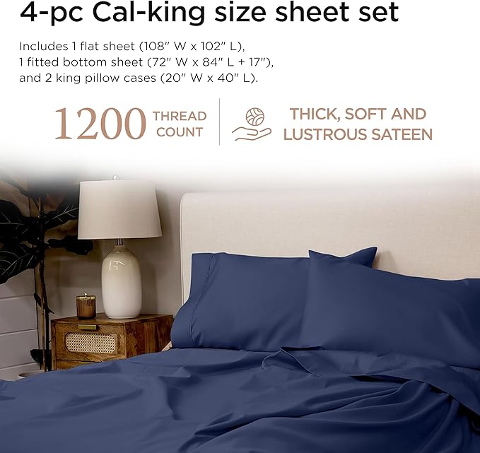 Threadmill California King Sheets, Certified American Supima Cotton Sheets, 1200 Thread Count Hotel Quality Sheet, 4 Piece Luxury Bed Sheet Set with Elasticized Extra Deep Pocket, Folkstone Blue
