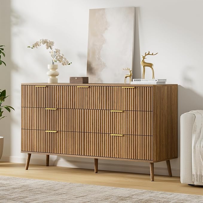 LYNSOM Fluted Dresser and Nightstand Sets 3 Piece, 7-Drawers Dresser and 1-Drawer Nightstands Set of 2, Wood Bedroom Furniture Set for Home, Bedroom, Hallway, Walnut