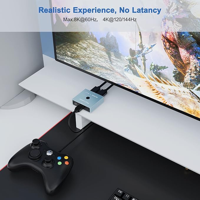 8K HDMI Switch 2 in 1 Out, 8K HDMI Splitter 4K 120Hz 1 in 2 Out for Dual Monitor PC Adapter Hub Bi-Directional Switcher