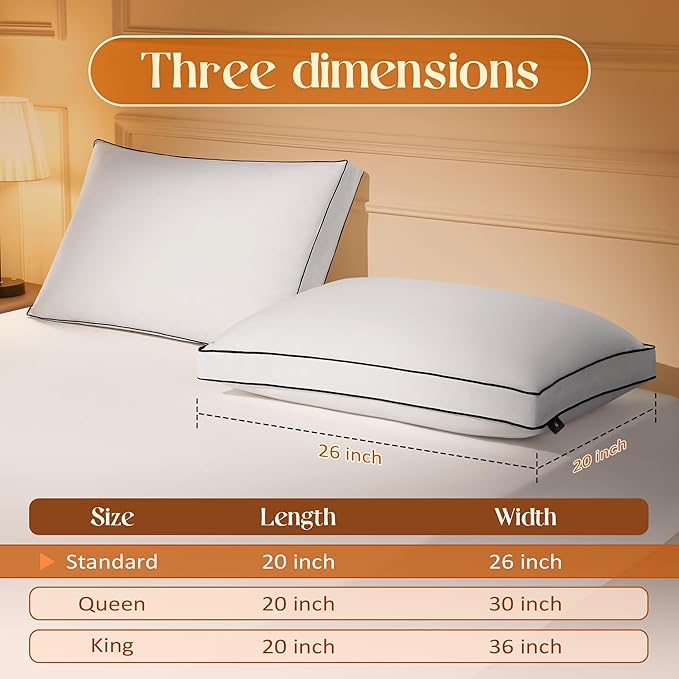 Feather Down Pillows Standard Size Set of 2 with Gusset, Luxury Hotel Collection Bed Pillow 2 Pack, Down Surrounded Gusseted Pillows for Sleeping, Fluffy for Side, Back Sleepers 20x24+2 in.