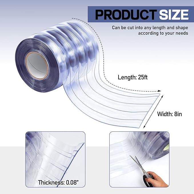 Moukeren Plastic Door Curtain for Winter 26 ft x 8 Inch Thermal Insulated Garage Door Strip Curtains Smooth Waterproof Clear PVC Strip Curtain for Warehouse Freezer, 0.08" Thickness(Striped)