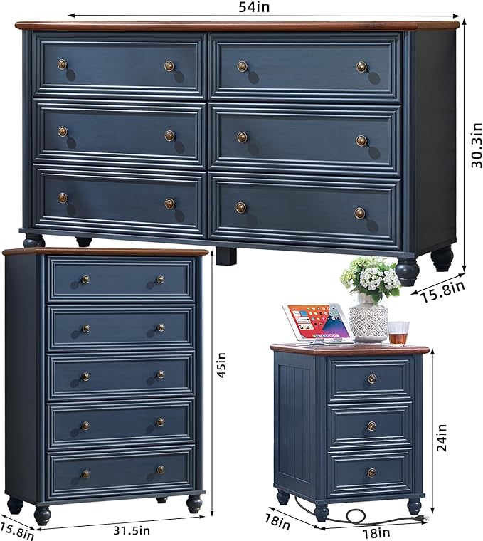 Farmhouse Dressers & Night Stand Set of 4, Wood 54" Wide Dresser & 45" Tall Chest of Drawers, 18" with Charging Station Nightstand Set of 2, Bedroom Furniture Dresser Set for Home Living Room Hallway