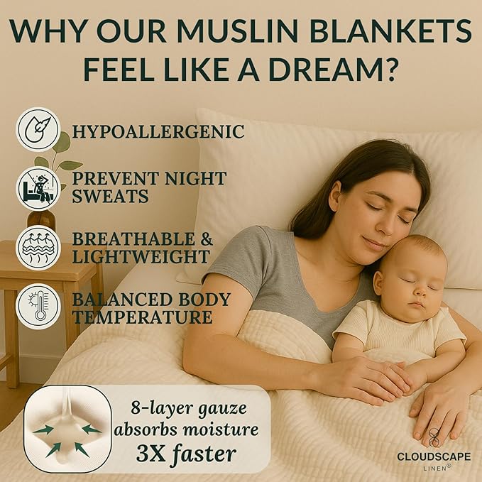 Cloud Scape Linen 8-Layer Muslin Blanket King Size for Adult - 100% Cotton, Breathable and Soft, Perfect Winter Cozy Blanket, Fits up to California King Bed, 92x108, Ivory