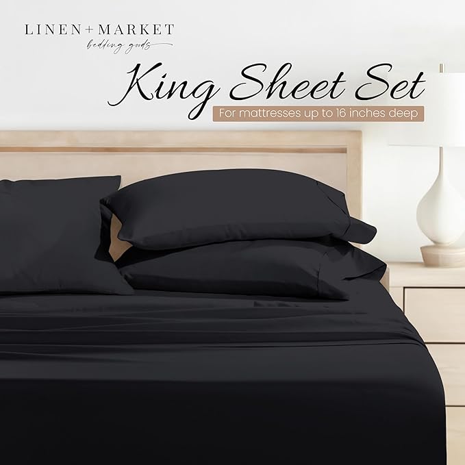 Linen Market Brushed Microfiber King Sheet Set 4 Piece – Oeko-TEX Certified Ultra Soft & Wrinkle-Free - 16" Deep Pocket Sheets - Easy Care King Size - Black