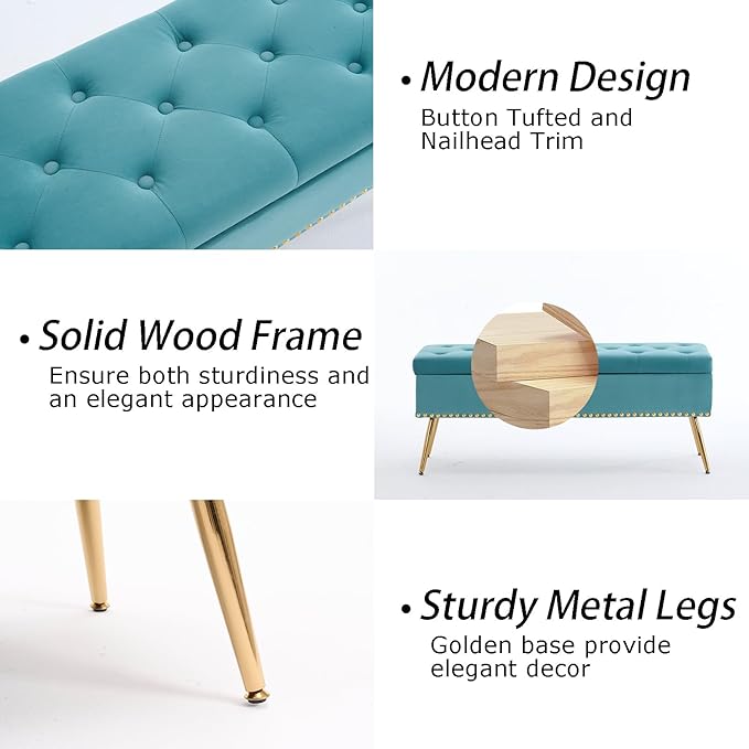 Velvet Storage Bench with Gold Legs& Nailhead Trim, 46" Wide Upholstered Modern Bedroom Bench for End of Bed, Tufted Ottoman for Entryway Living Room Dining Room (Sage Green, 46" Wide)