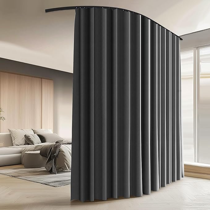Room Divider Curtains with Ceiling Curtain Track Set Window Curtain for Bedroom,Living Room Total Blackout Thermal Insulated Privacy Ceiling Track Curtain W 15 × H 9 FT Deak-Grey drape&Black track