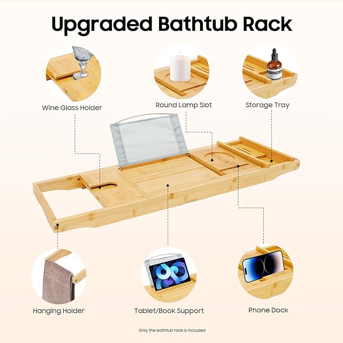 Bathtub Tray, Expandable Bamboo Bath Tray Wood Bath Caddy with Wine Glass Holder, Book & Tablet Stand for Bathroom Accessories Spa Relaxation Housewarming & Wedding Gift