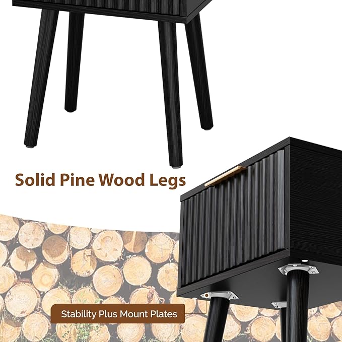 VINGLI Night Stand Set 2, Fluted Nightstands with Drawer, Mid Century Modern Nightstands Set of 2, Bedside Table, End Table, Wood Nightstand for Bedroom, Black, 15.75" W*11.81" D*21.85" H