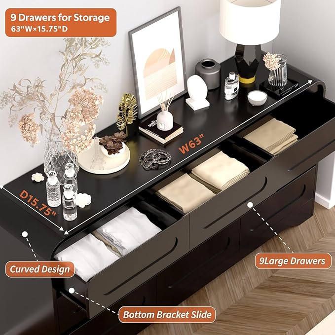 9 Drawer Dresser and Nightstand Sets for Bedroom, 3 Piece Bedroom Set, Wood 9 Drawer Dresser & Night Stand Set of 2, Large Chest of Drawers Modern Storage Cabinet Bedroom Furniture Set, Black