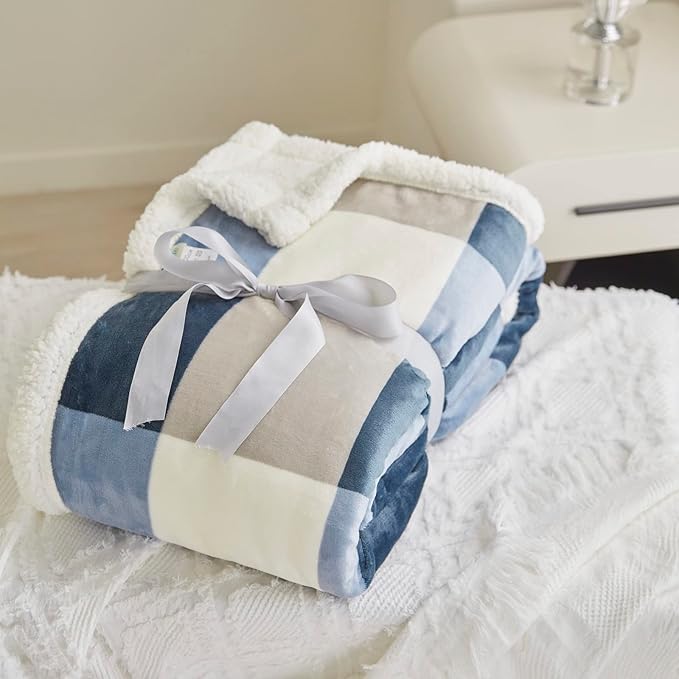Blanket for Women, Sherpa Throw Blanket for Couch, Flannel Cozy Soft Blanket for Bed - Fleece, Gray-Soft Blue, 80x90 Inches