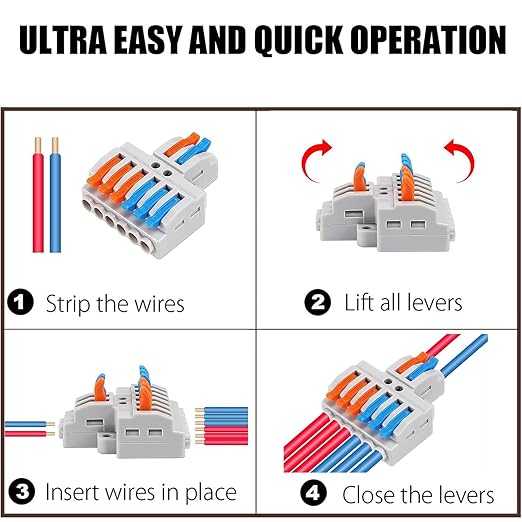 10PCS Lever Wire Connectors, Quick Wiring Cable Connectors, Compact Push-in Conductor Terminal Block (10PCS 2 in 6 Out)