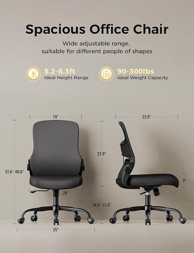 Office Chair, Mesh Ergonomic Desk Chairs, Lumbar Support, Adjustable Height, Armless, Swivel Function and Smooth-Rolling Wheels for Home, Office and Gaming (Black)