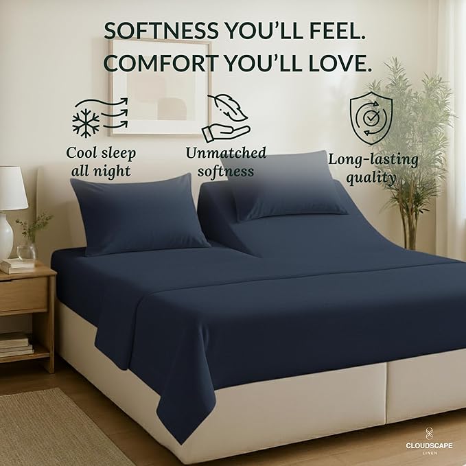 Cloud Scape Linen 100% Egyptian Cotton Split King Sheet Set for Adjustable Bed,400 Thread Count, 5 Pcs Bedding Set, Soft, Breathable and Durable, Deep Pockets up to 17, Dark Denim