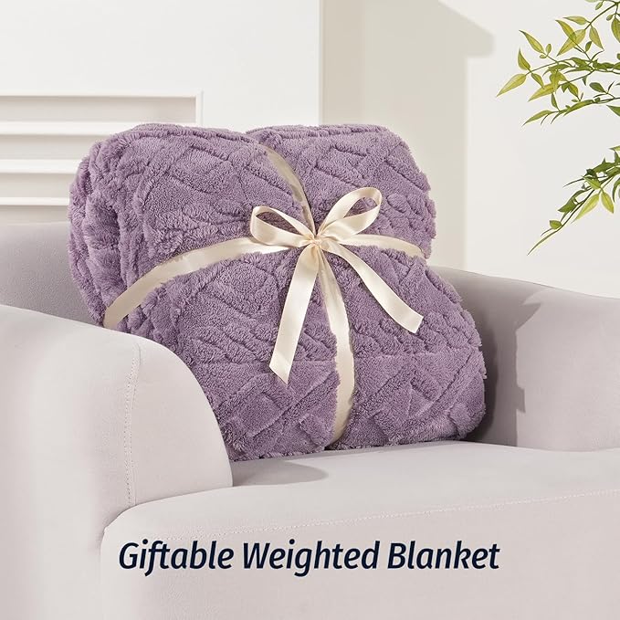 Wemore Weighted Blanket for Adults Twin Size 15 lbs, Dual Sided Soft Fuzzy Jacquard Sherpa Weighted Blankets for Sleeping, Cozy Fluffy Knitted Heavy Blanket for Couch Bed, Purple, 48 x 72 inches