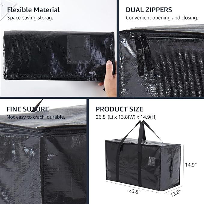 Moving Bags Heavy Duty Extra Large, Moving Boxes, Moving Supplies Essentials, Blue Storage Bins with Lids, Plastic Packing Totes, Storage Bags for Clothes with Handles & Zippers(Black, 8 Pack)