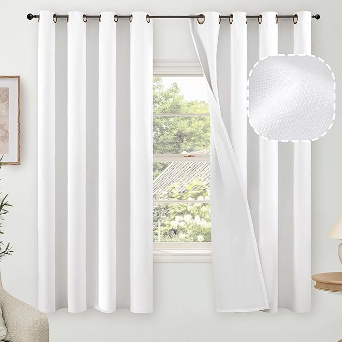 Blackout Curtains for Bedroom 63 Inch Length 2 Panels Set, Thermal Insulated 100% Black Out Privacy Soundproof Grommet Farmhouse Linen Window Curtains for Living Room Darkening, White, Each 52”Wide