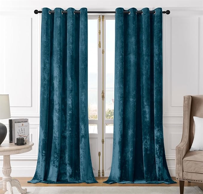 SMILETIME Tranquil Blue Crushed Velvet Curtains 52x90 inch Luxurious Thermal Insulated Soundproof Drapes for Living Room Bedroom Office Soft and Durable Light-Filtering Window Treatments, 2 Panels