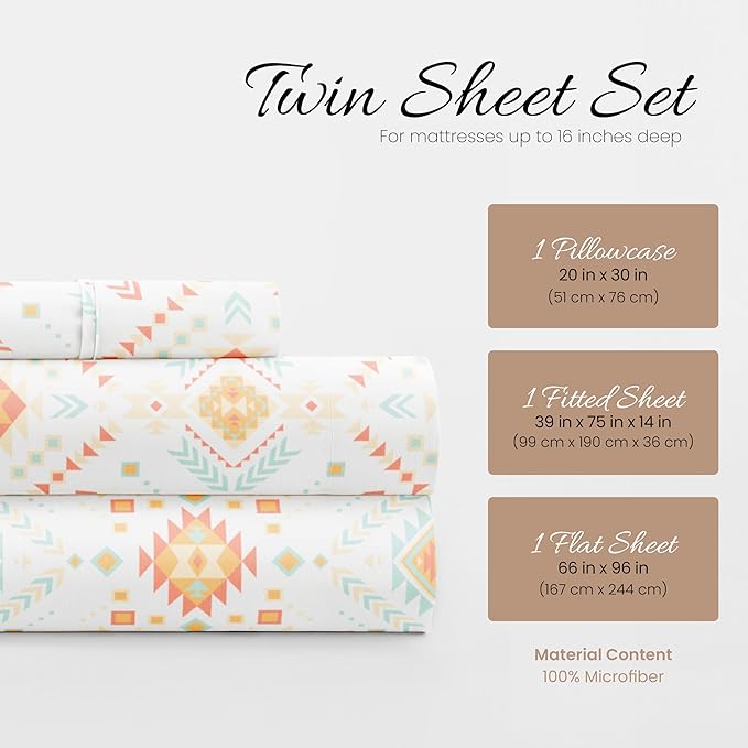 Linen Market 3 Piece Twin Bedding Sheet Set (Aztec Coral) - Sleep Better Than Ever with These Ultra-Soft & Cooling Bed Sheets for Your Twin Size Bed - Deep Pocket Fits 16" Mattress