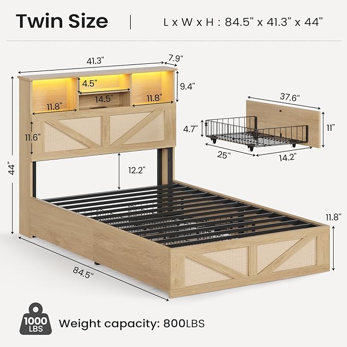 AOGLLATI Twin Bed Frame with 4 Storage Drawers and Natural Rattan 2-Tier Bookcase Hidden Headboard, Boho Led Twin Bed Frame with Charging Station, No Box Spring Needed, Wood