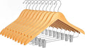 Quality Wooden Skirt Hangers with Clips, 10-Pack Smooth Solid Wood Pants Hangers with Durable Adjustable Metal Clips, Swivel Hook, Coat, Jacket, Blouse Suit Hangers (Natural, 10)