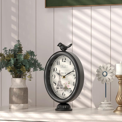 Vintage Table Clock with Bird, Desk and Shelf Decor Clock, French Paris Style, Antique Black Metal Mantel Clocks for Living Room, Farmhouse, Bedroom, Bedside, Gift (10" H x 5.9" W)