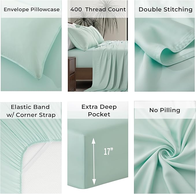 Luxury Bamboo Market | Queen Size Bed Sheet Set | 100% Viscose Made from Bamboo | Organically Grown | Ultra Soft | Cooling Sheets for Hot Sleepers | 17" Deep Pocket [Coastal Green]