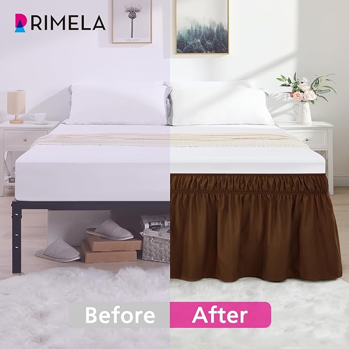 RIMELA Bed Skirt Queen Size 18 Inch Drop, Elastic Bed Skirting for Bed Base and Frame, Bedding Dust Ruffle Easy to Install,Wrap Around Adjustable Bedskirt, Chocolate Brown
