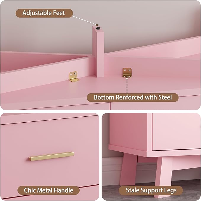 Dresser for Bedroom, 6 Drawer Wide Modern Chest of Drawers with X-Shaped Sturdy Base, Wood Double Dresser Closet Clothes Storage Organizer, Wooden TV Stand for Living Room, Hallway, Pink