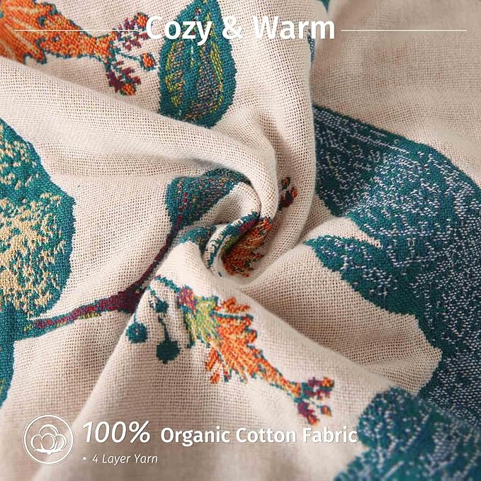 Qidordour Boho Throw Blanket, 60"x80" Muslin Blankets, 100% Organic Cotton Blanket for Couch Sofa, Lightweight Quilt, All Season Bed Throw, Farmhouse Home Decor, B-Hummingbird Fruit