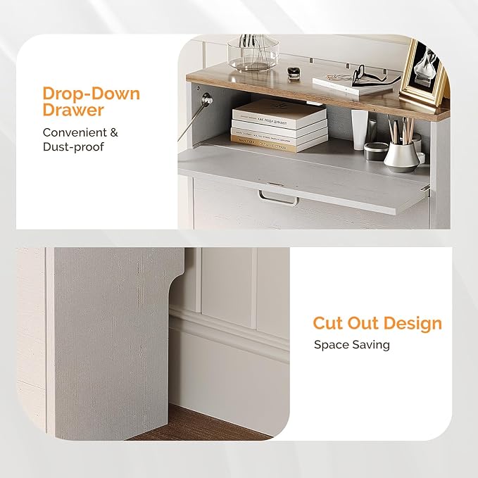 VINGLI Shoe Cabinet Storage for Entryway Ultra Slim with 2 Flip &1Drop-Down Drawers, 24.8" W Narrow Shoe Cabinet for Front Door Entrance,Freestanding Rustic White Wood Shoes Organizer for Hallway