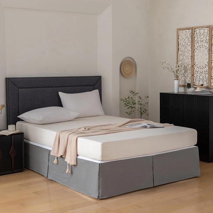 Full Bed Skirt, Wrap Around Bed Skirt with Pleated Corner, 16 Inch Drop Pleated Waffle Weave Bedskirts, Anti-Slip, Microfiber, Grey, 16'' Full